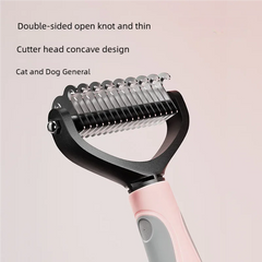 Pawlio™ double-sided pet deshedding brush and dematting comb for grooming cats and dogs, with ergonomic handle and metal blades.