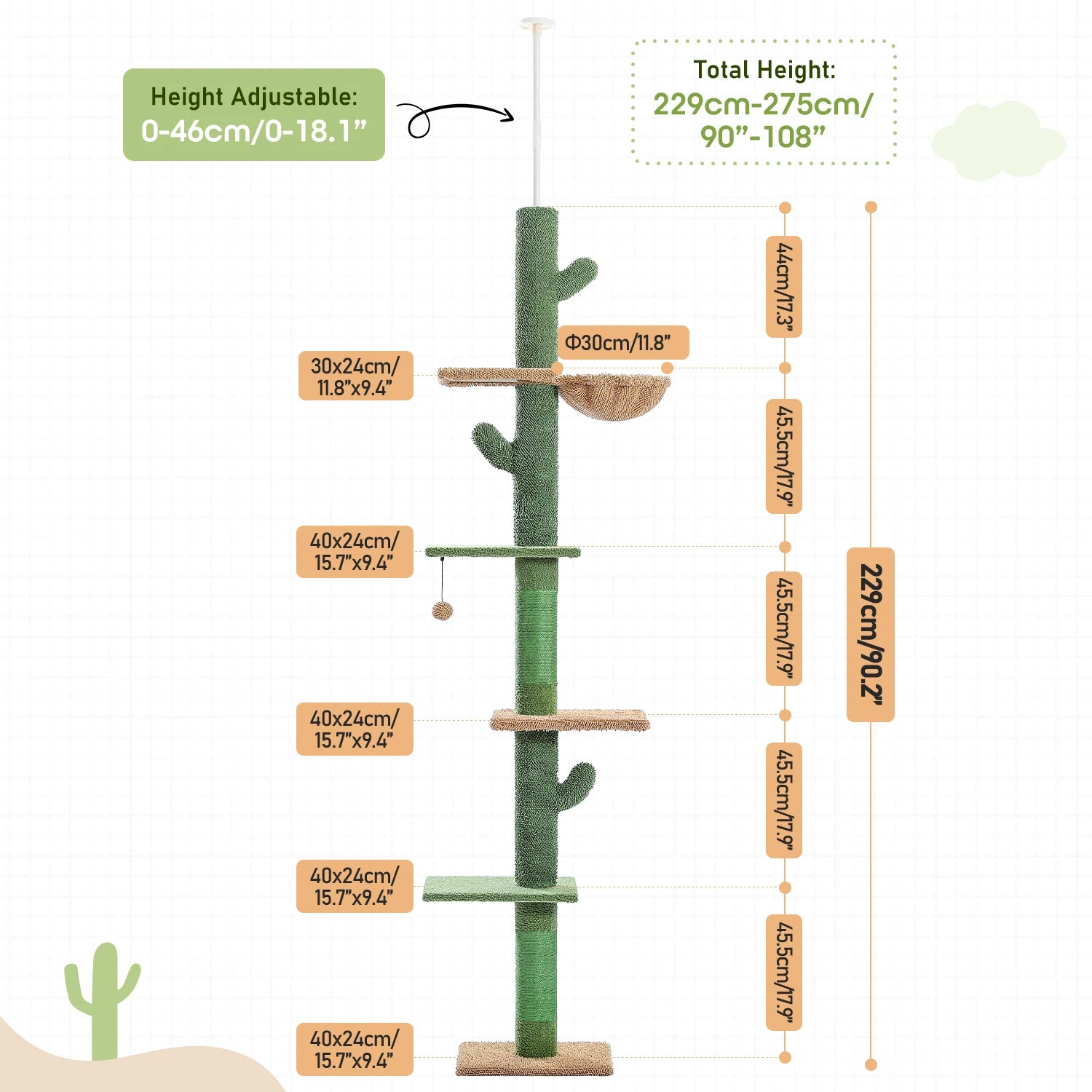 Pawlio Cactus Cat Tree Tower with five tiers, floor-to-ceiling climbing posts, and cozy perches for cats to play and rest.