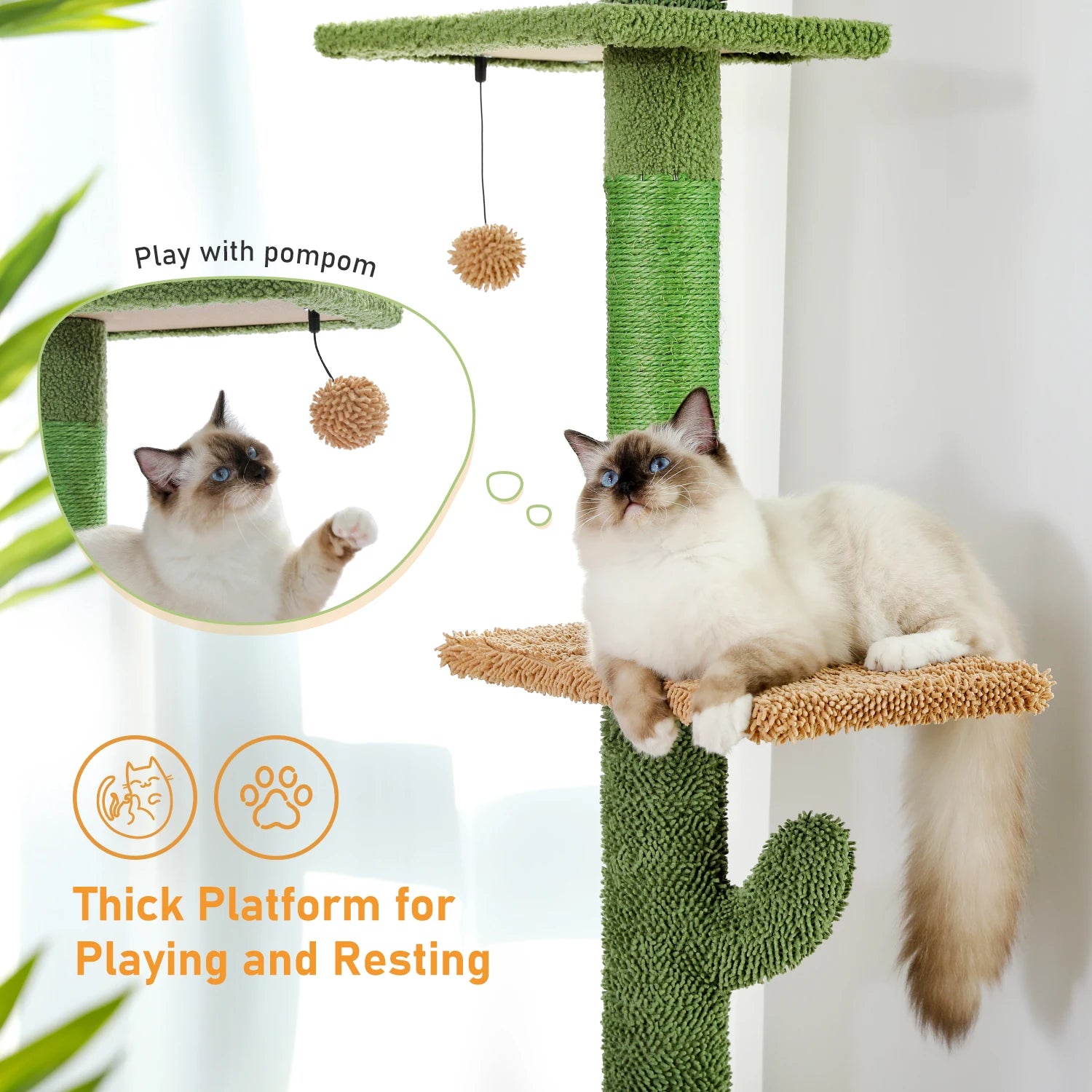 Pawlio Cactus Cat Tree Tower 5-Tier floor-to-ceiling climber with green cactus design and multiple platforms for cats to climb and relax