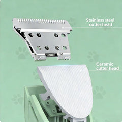 Pawlio 4-in-1 pet grooming kit with trimmer and nail grinder, showing grooming tools and a small dog during grooming.
