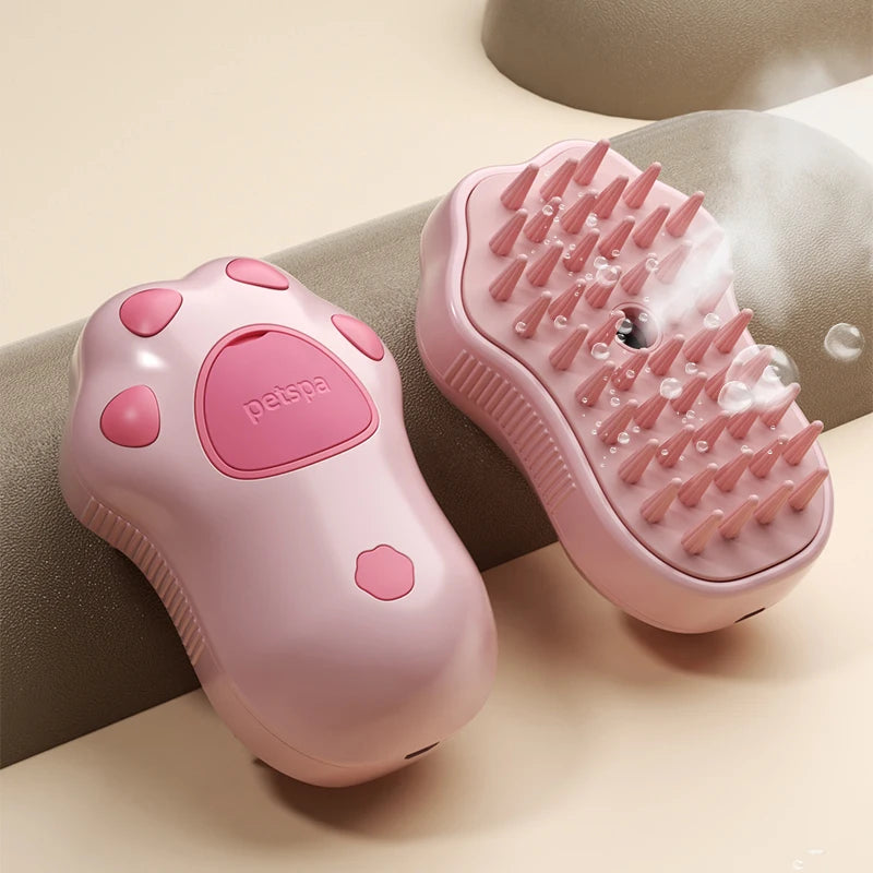 Pawlio™ 3-in-1 steam pet grooming brush showing a close-up of the brush with steam feature and ergonomic handle for pets.