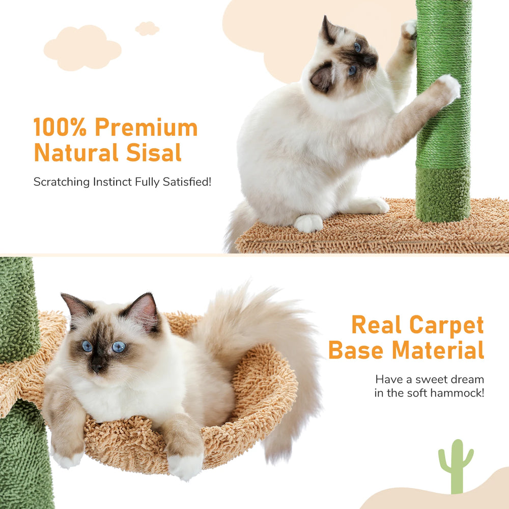 Pawlio Cactus Cat Tree Tower with five tiers, floor-to-ceiling design, featuring green cactus-shaped platforms for cats to climb and rest.