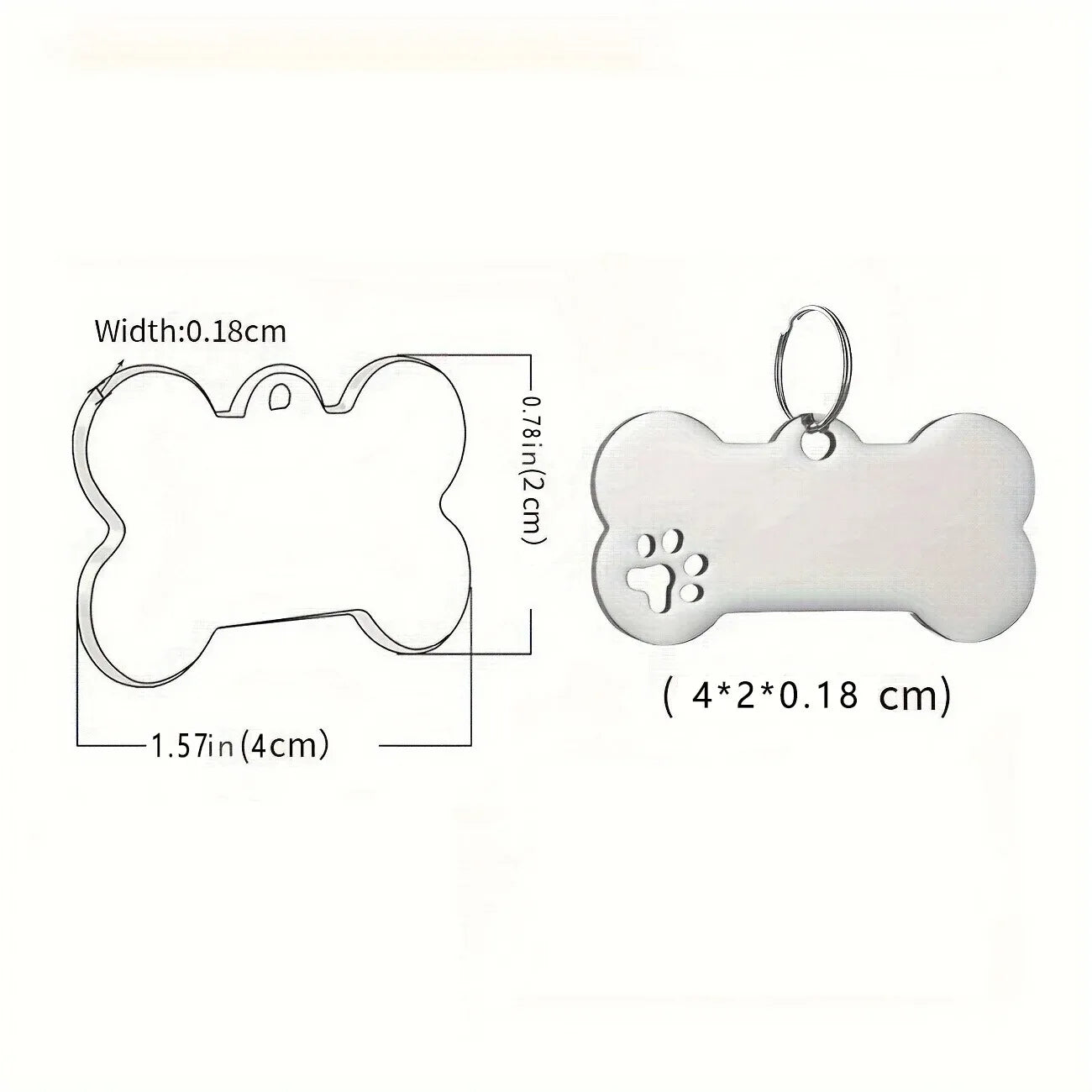 Bone-shaped personalized dog and cat tags with engraved name and phone number for pet identification, made by Pawlio.