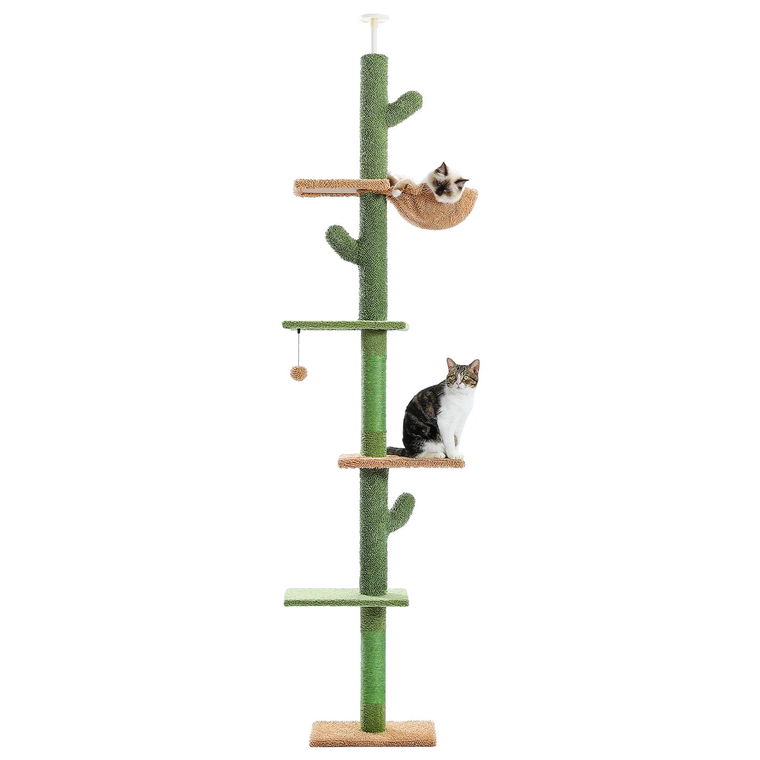 Pawlio Cactus Cat Tree Tower with five tiers, floor-to-ceiling design, featuring a green cactus shape and multiple platforms for cats.