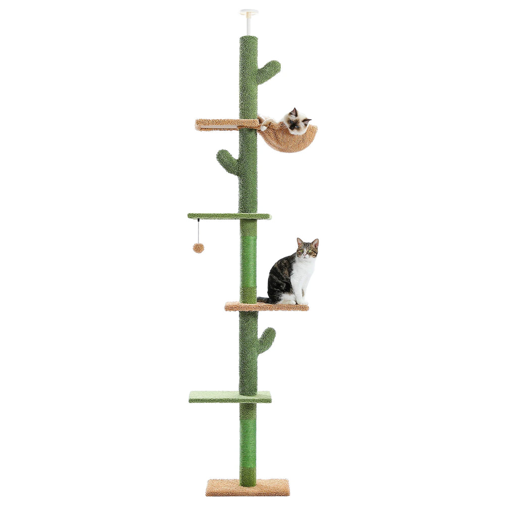 Pawlio Cactus Cat Tree Tower with five tiers, floor-to-ceiling design, featuring a green cactus shape and multiple platforms for cats.