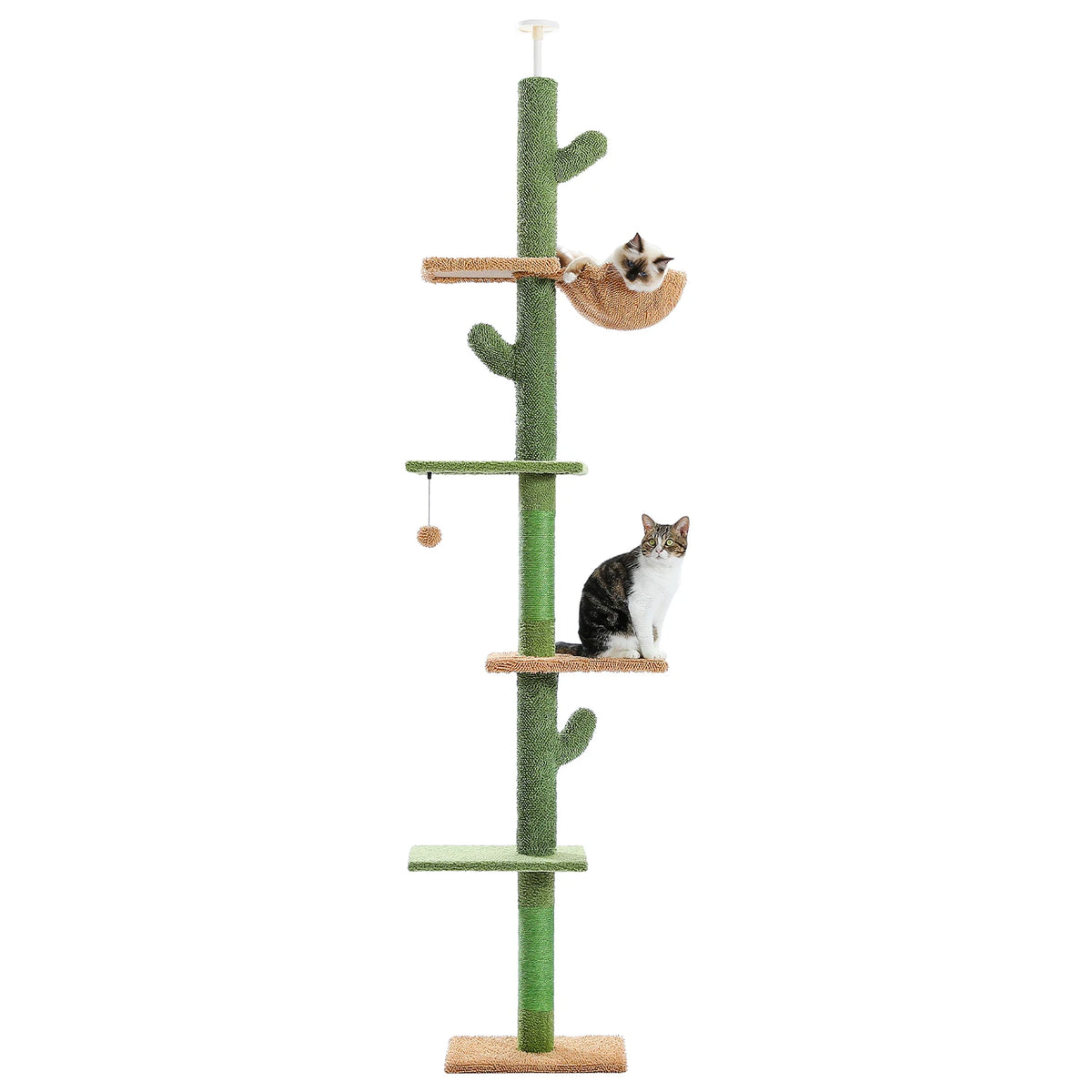 Pawlio Cactus Cat Tree Tower with five tiers, floor-to-ceiling design, featuring a green cactus shape and multiple platforms for cats.