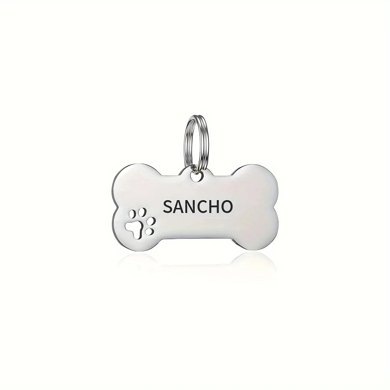 Bone-shaped personalized dog and cat tag with engraved name and phone number, high-quality pet identification pendant by Pawlio.