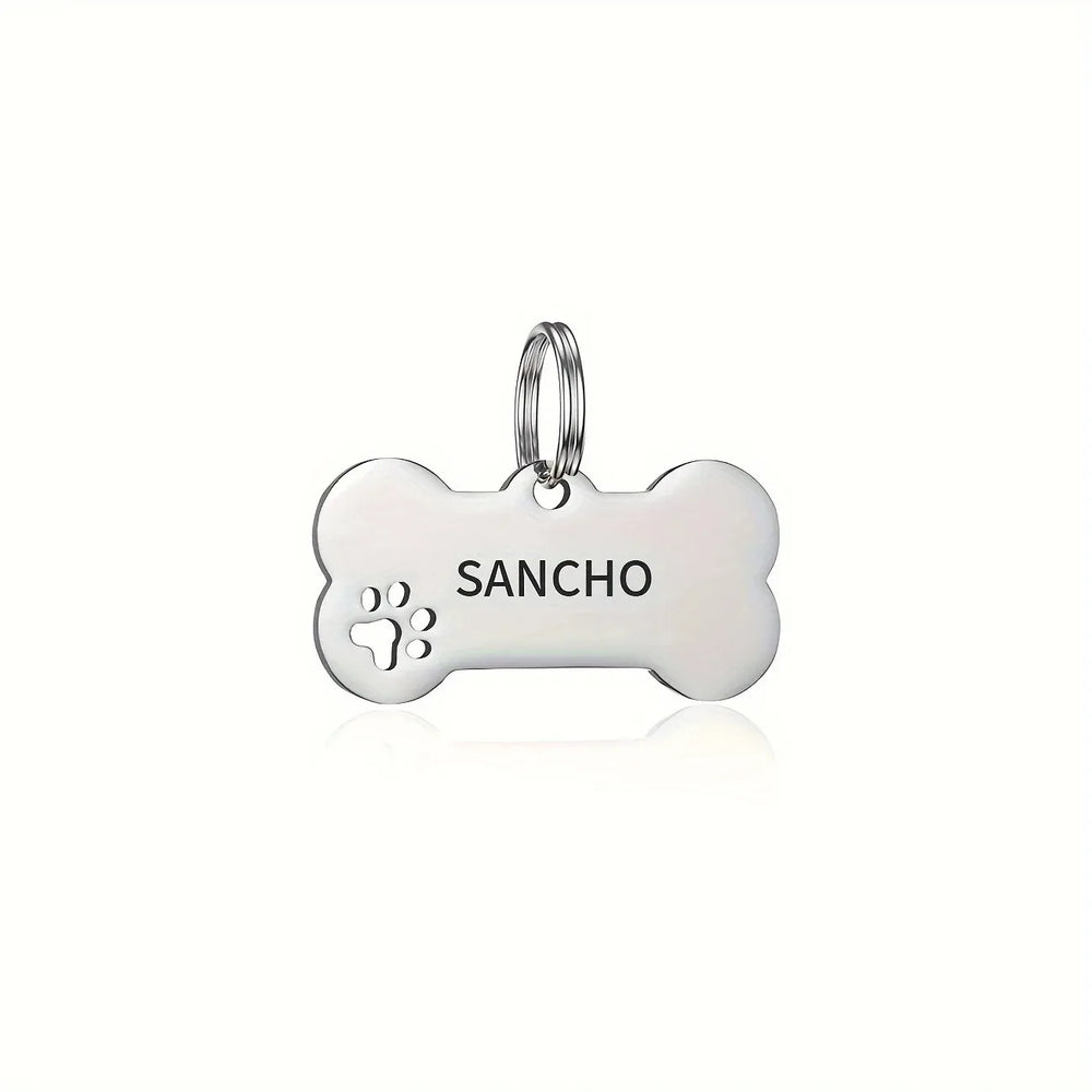 Bone-shaped personalized dog and cat tag with engraved name and phone number, high-quality pet identification pendant by Pawlio.