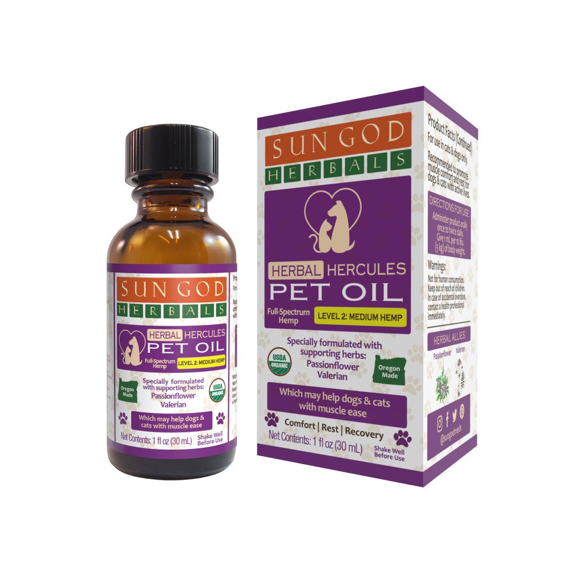 Pawlio Hercules Herbal Pet Oil bottle with dropper, designed for muscle support and relaxation for pets.