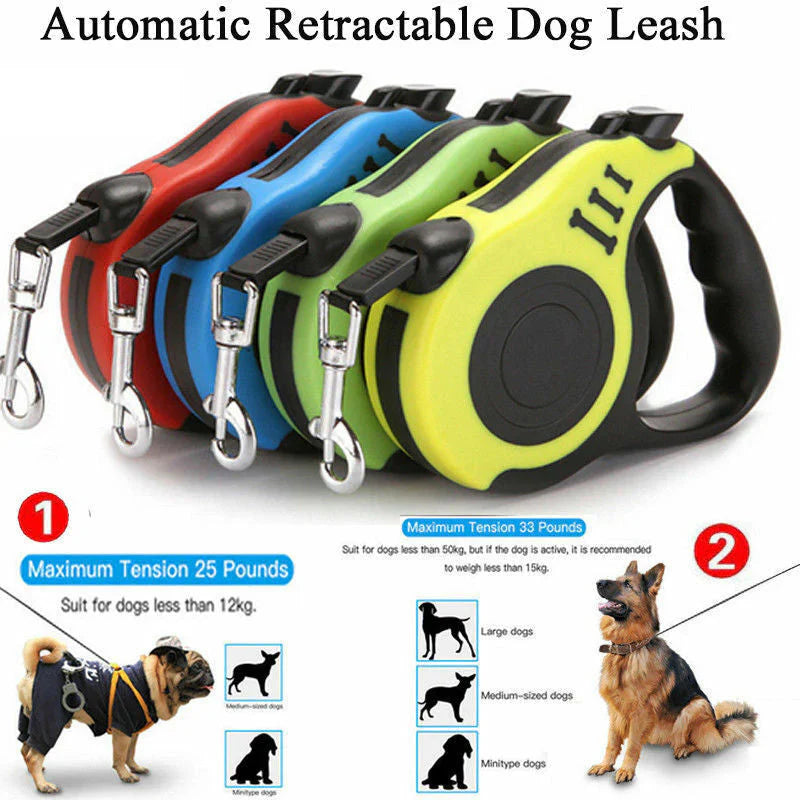 Pawlio™ automatic retractable dog leash with brake and lock safety system, showing the leash extended with a dog walking outdoors.
