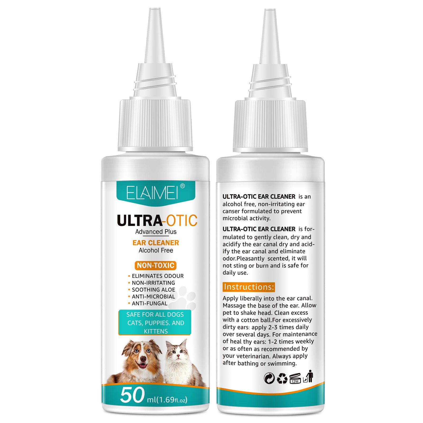 Pawlio Pet Ear Cleaner 50ml bottle with nozzle, designed for gentle ear cleaning of dogs and cats.