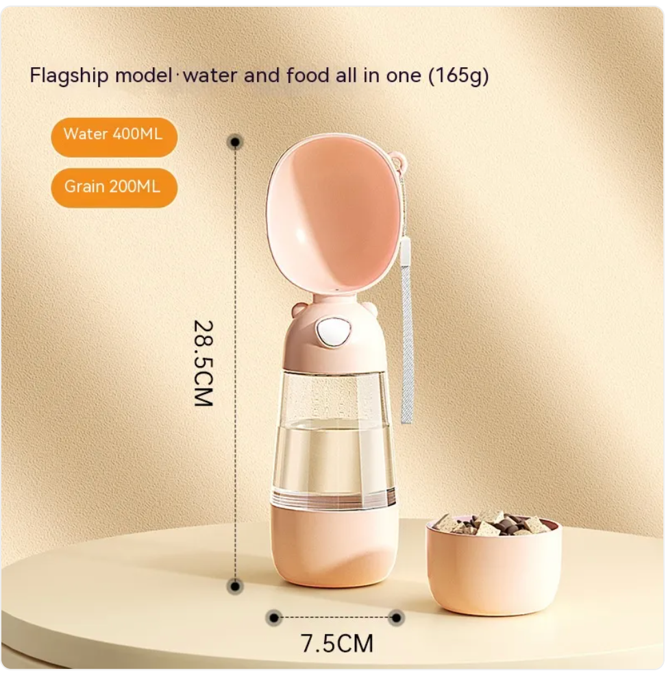 Portable Pawlio dog water bottle and feeder with built-in bowl for easy pet hydration during travel.