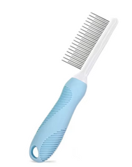 Pawlio FurMaster single pet comb with fine and coarse teeth for grooming cats and dogs, made of durable plastic.