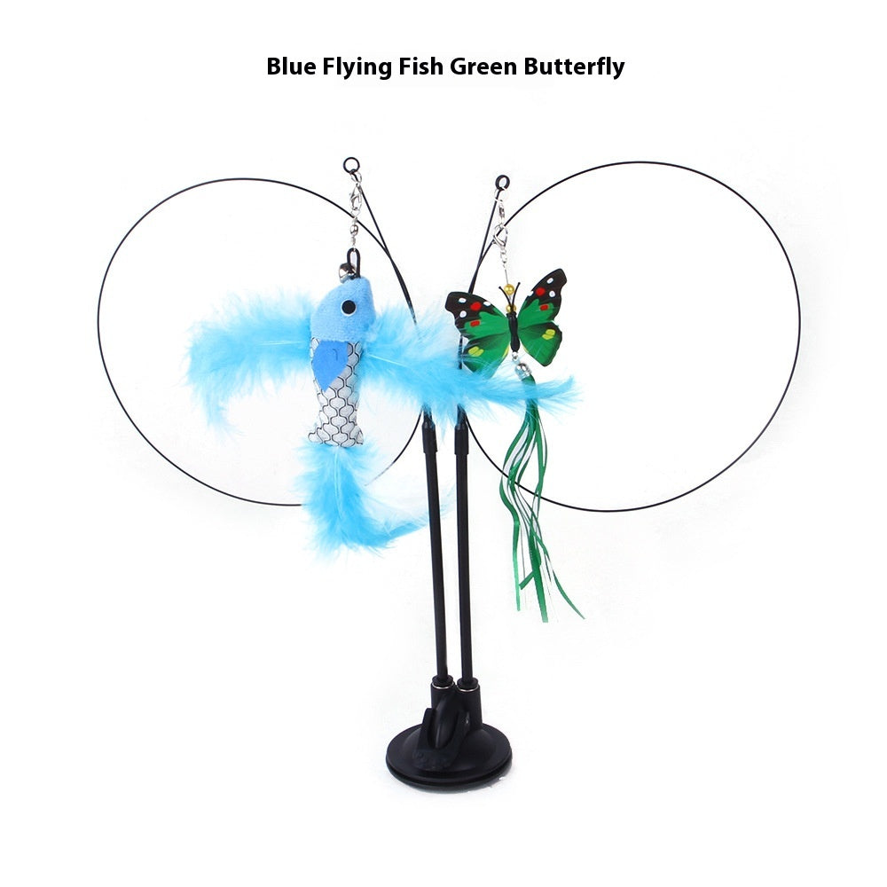 Pawlio Cat Sucker Teaser Toy featuring colorful feathers and a plastic handle for interactive feline play and entertainment