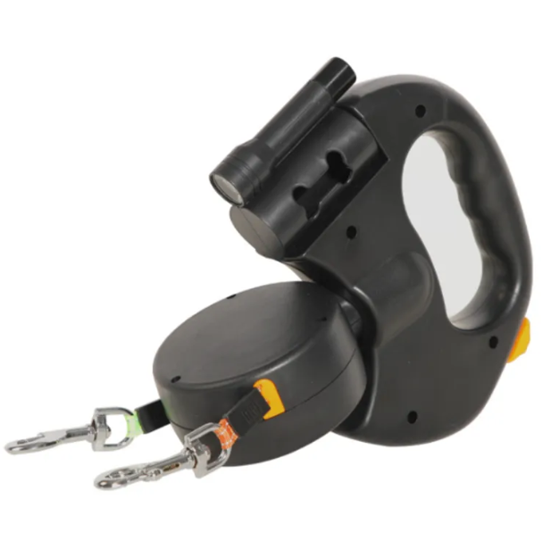 Pawlio auto double dog leash with adjustable straps and secure clips, designed for walking two dogs simultaneously.