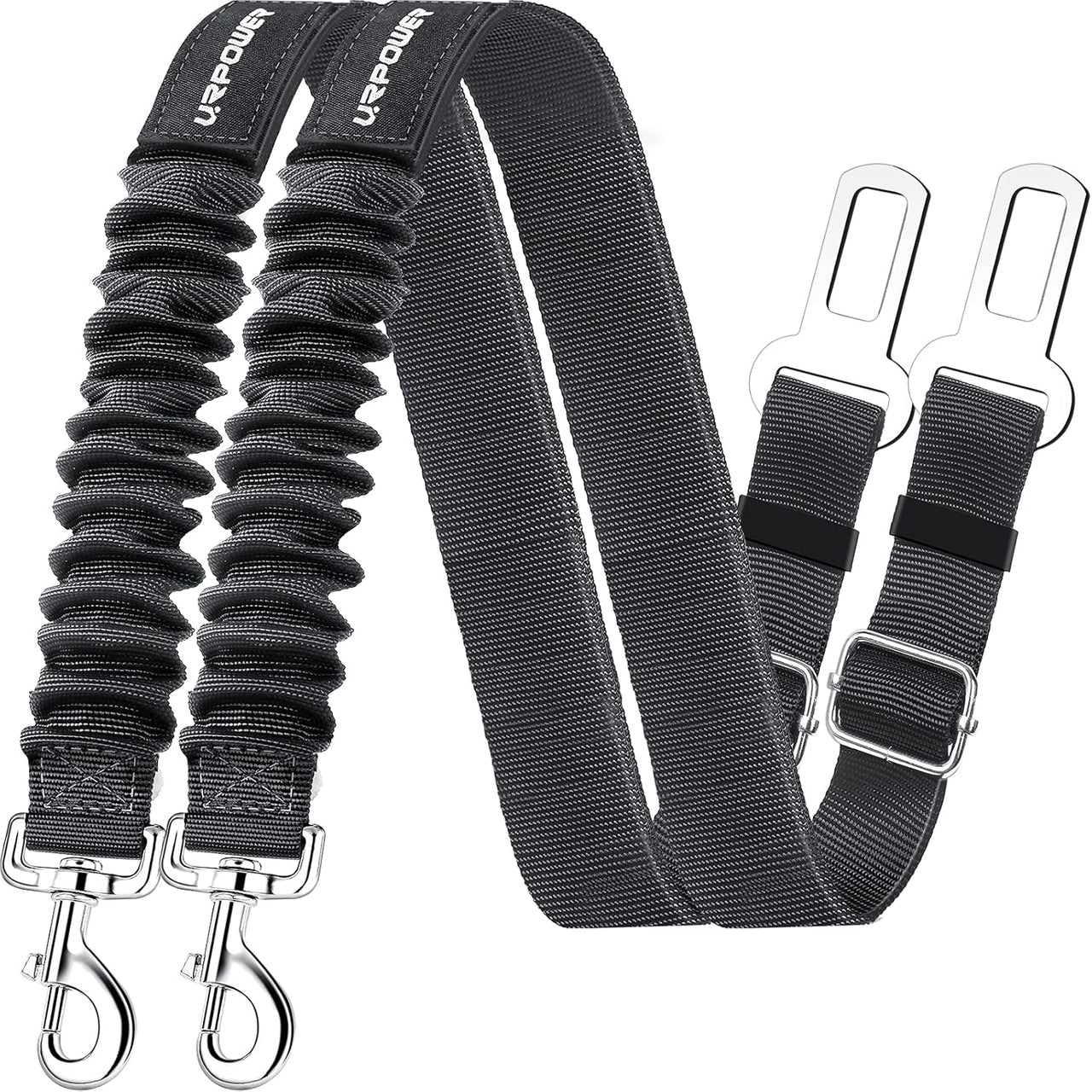 Pawlio™ 2-pack retractable pet car seat belts with shock-absorbing safety features, suitable for securing dogs in vehicles.