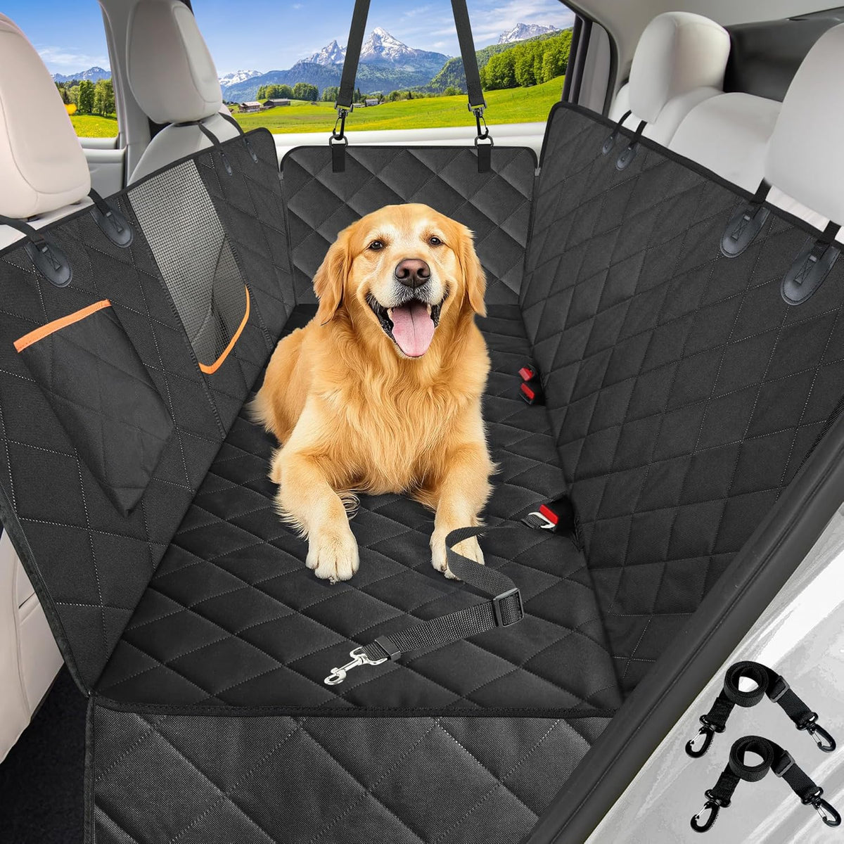Pawlio™ Premium Dog Car Seat Hammock waterproof backseat protector with adjustable straps and side flaps for pet safety.