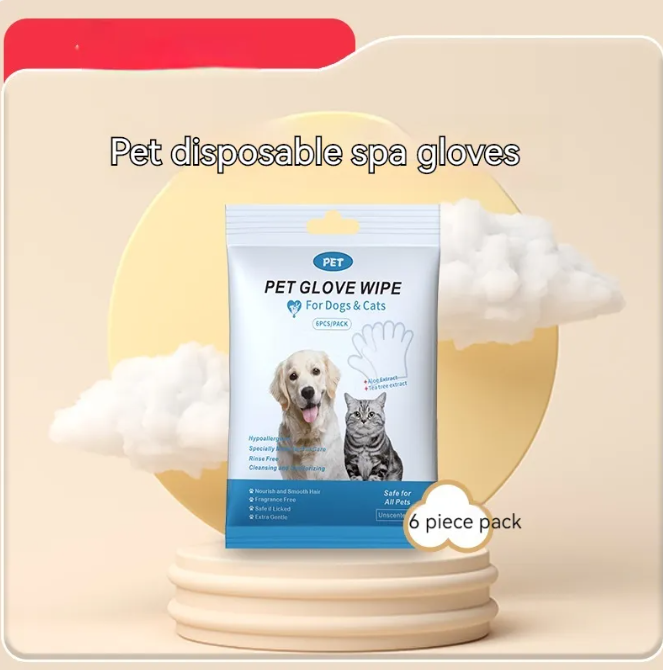 Pawlio pet cleaning gloves with textured surface and packs of gentle pet wipes for grooming and hygiene.