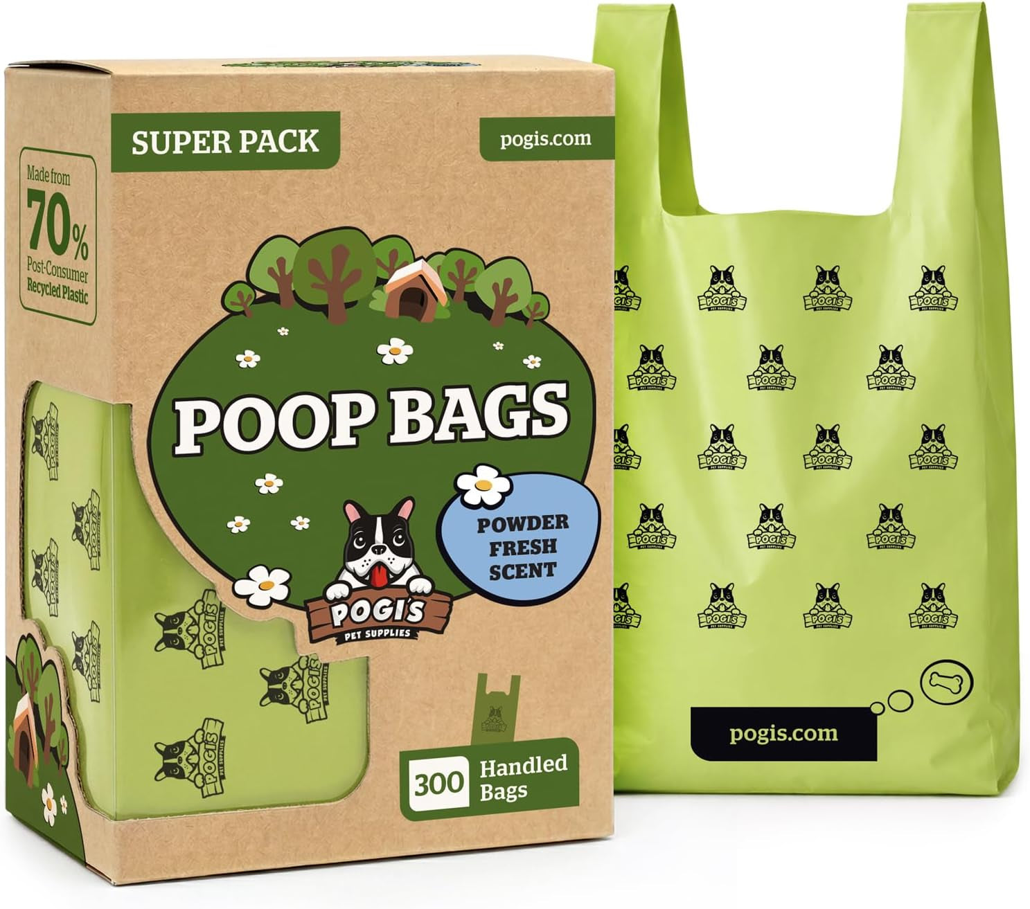 Extra-thick Pawlio™ dog poop bags with handles, 300-count, shown with handles open and ready for use.