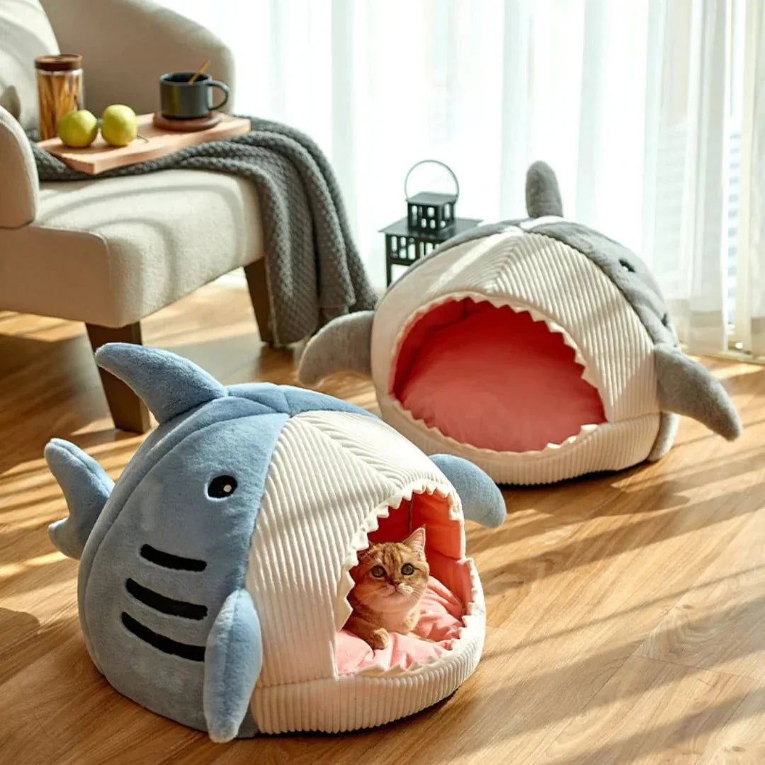 Luxury plush shark pet bed by Pawlio, cozy cave for dogs and cats, with soft, plush material and shark design for comfort.