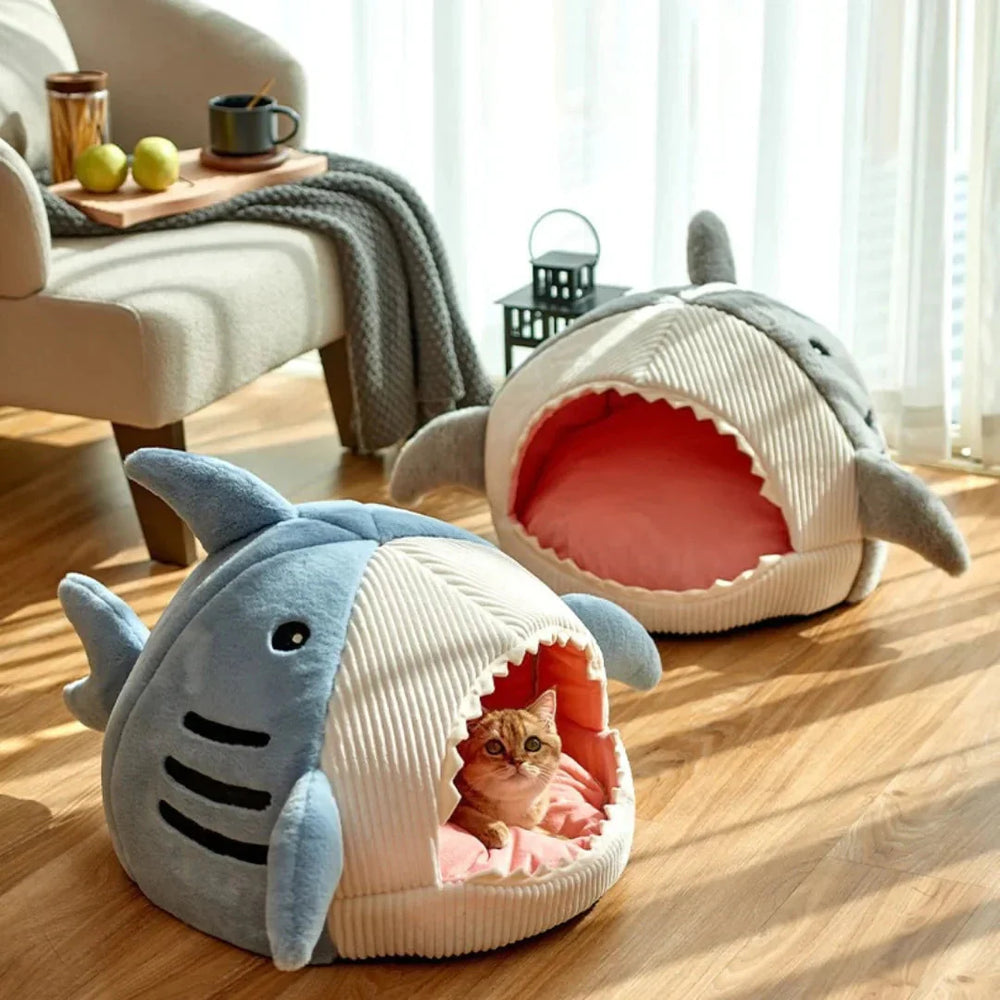 Luxury plush shark pet bed by Pawlio, cozy cave for dogs and cats, with soft, plush material and shark design for comfort.