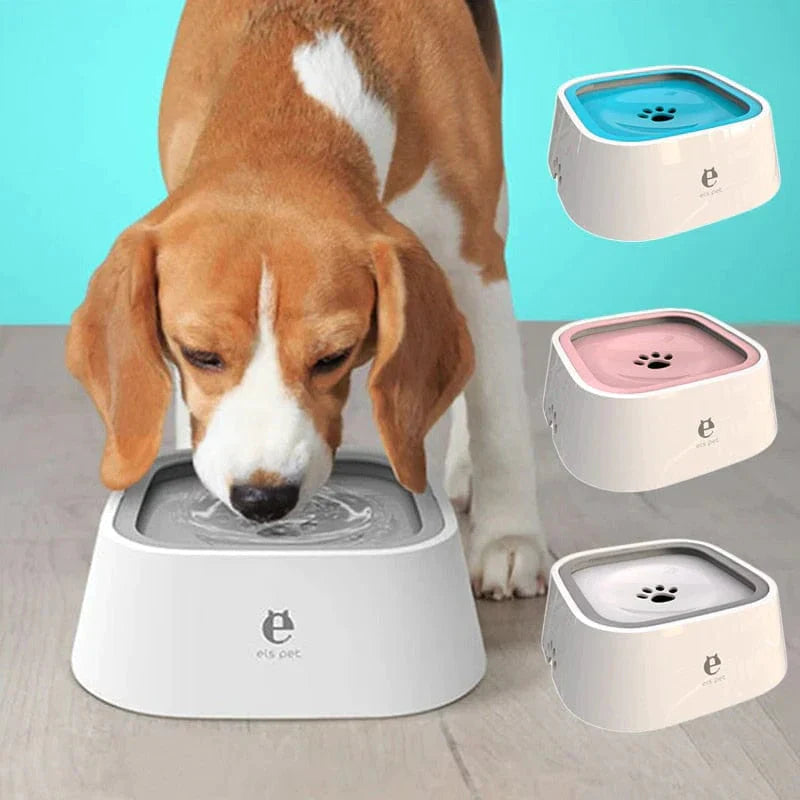 Pawlio™ floating dog water bowl with slow-feed design and non-slip base, featuring a mess-free floating water surface for pets.