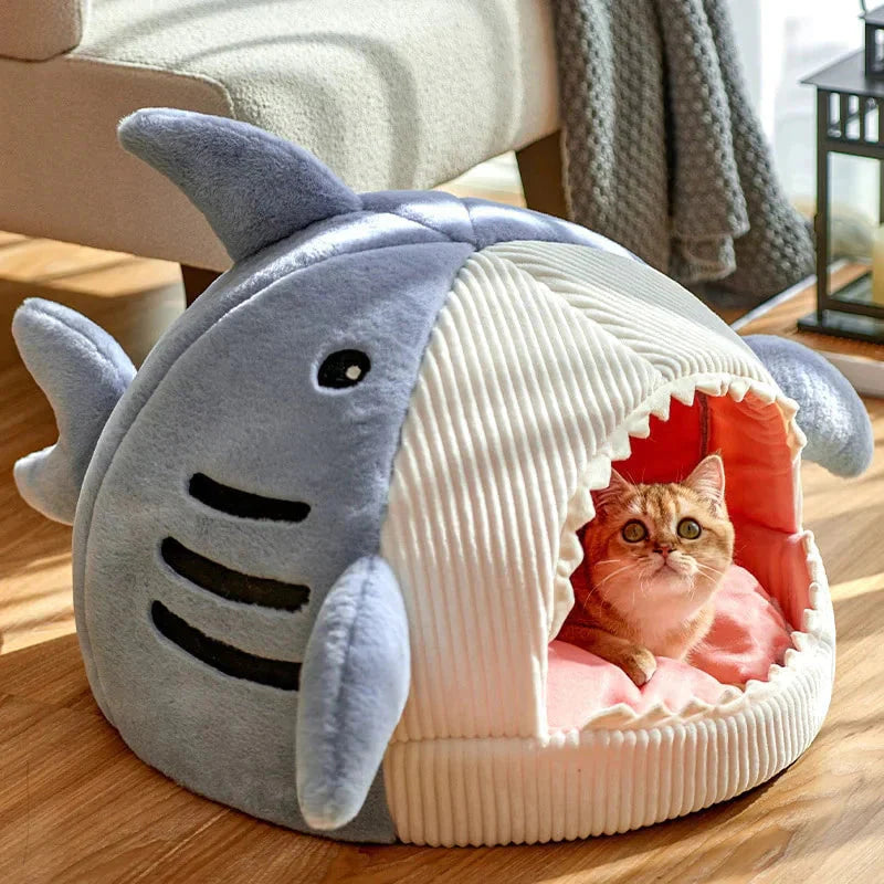 Pawlio™ Luxury Plush Shark Pet Bed with soft plush fabric, cozy cave design for dogs and cats to rest comfortably.