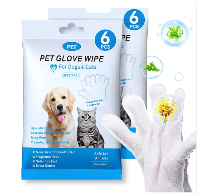 Pawlio pet cleaning gloves with textured surface and wipes for gentle grooming and cleaning of dogs and cats.