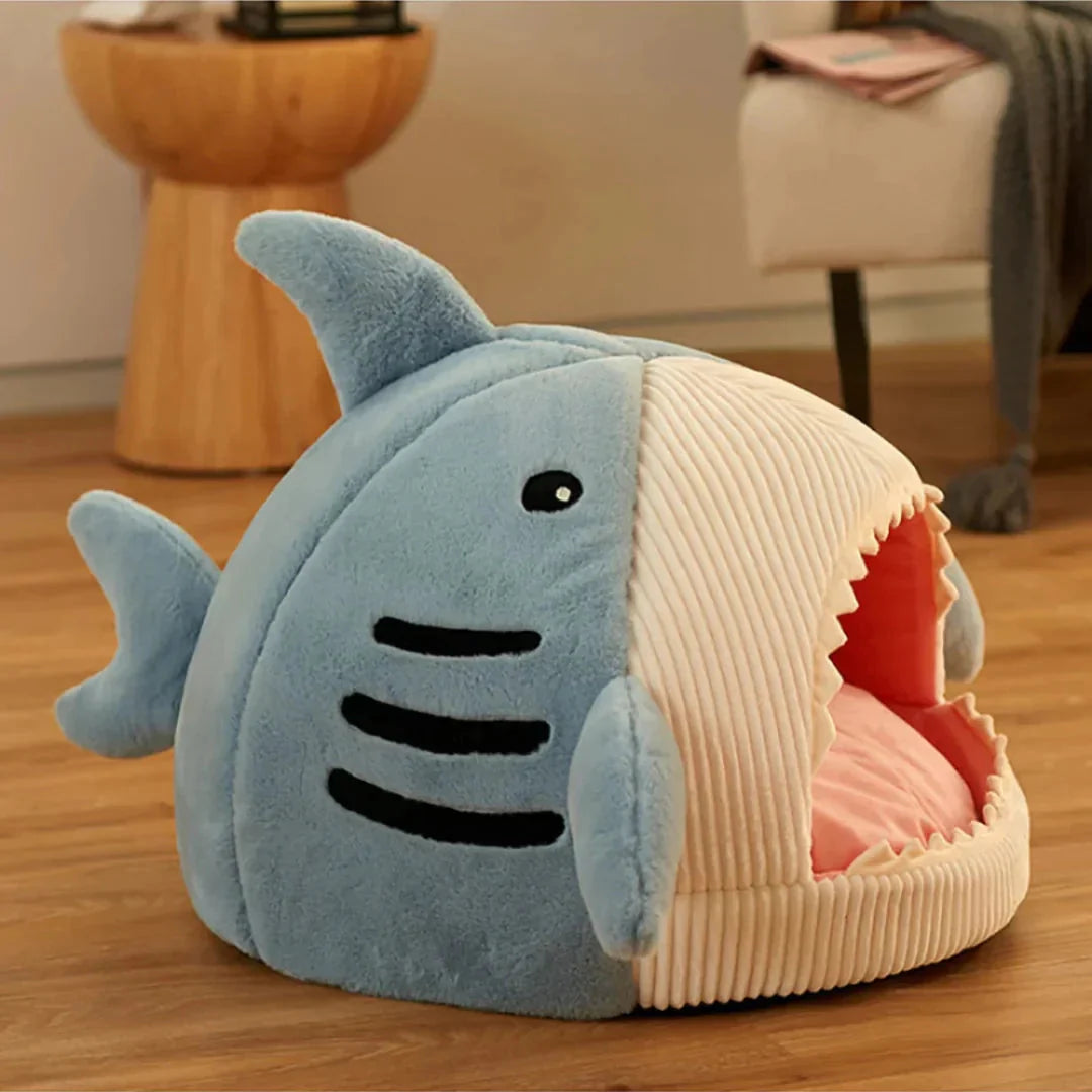 Luxurious Pawlio™ plush shark pet bed for dogs and cats, cozy cave design with soft, plush fabric for comfortable rest.