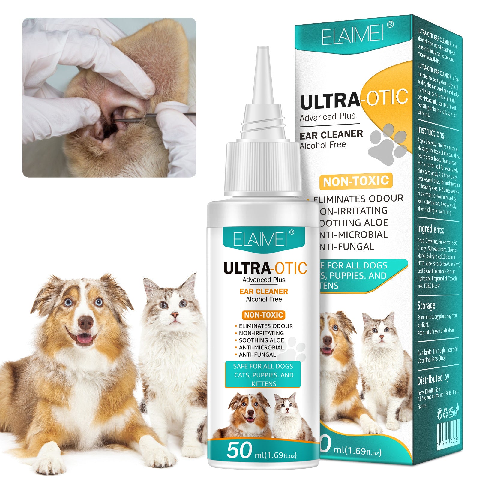 Pet Ear Cleaner 50ml by Pawlio, gentle solution for cleaning and maintaining healthy pet ears, with a clear bottle showing the liquid inside.
