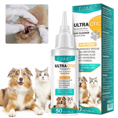 Pet Ear Cleaner 50ml by Pawlio, gentle solution for cleaning and maintaining healthy pet ears, with a clear bottle showing the liquid inside.
