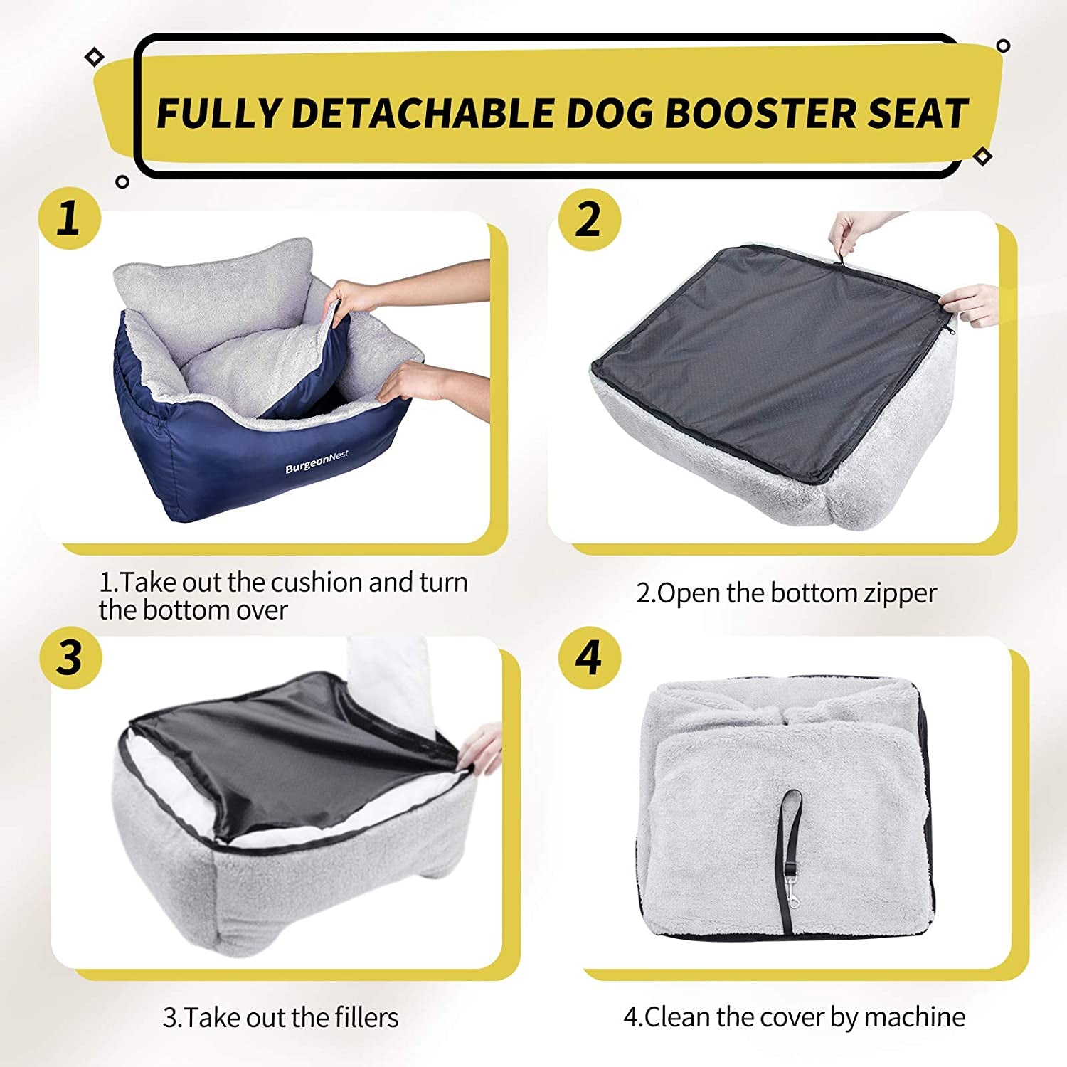 Pawlio™ Premium Dog Car Booster Seat with washable travel bed, featuring padded sides and safety straps for secure pet travel.