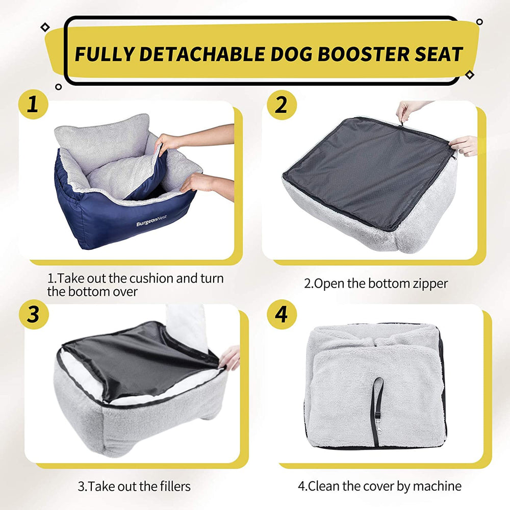 Pawlio™ Premium Dog Car Booster Seat with washable travel bed, featuring padded sides and safety straps for secure pet travel.