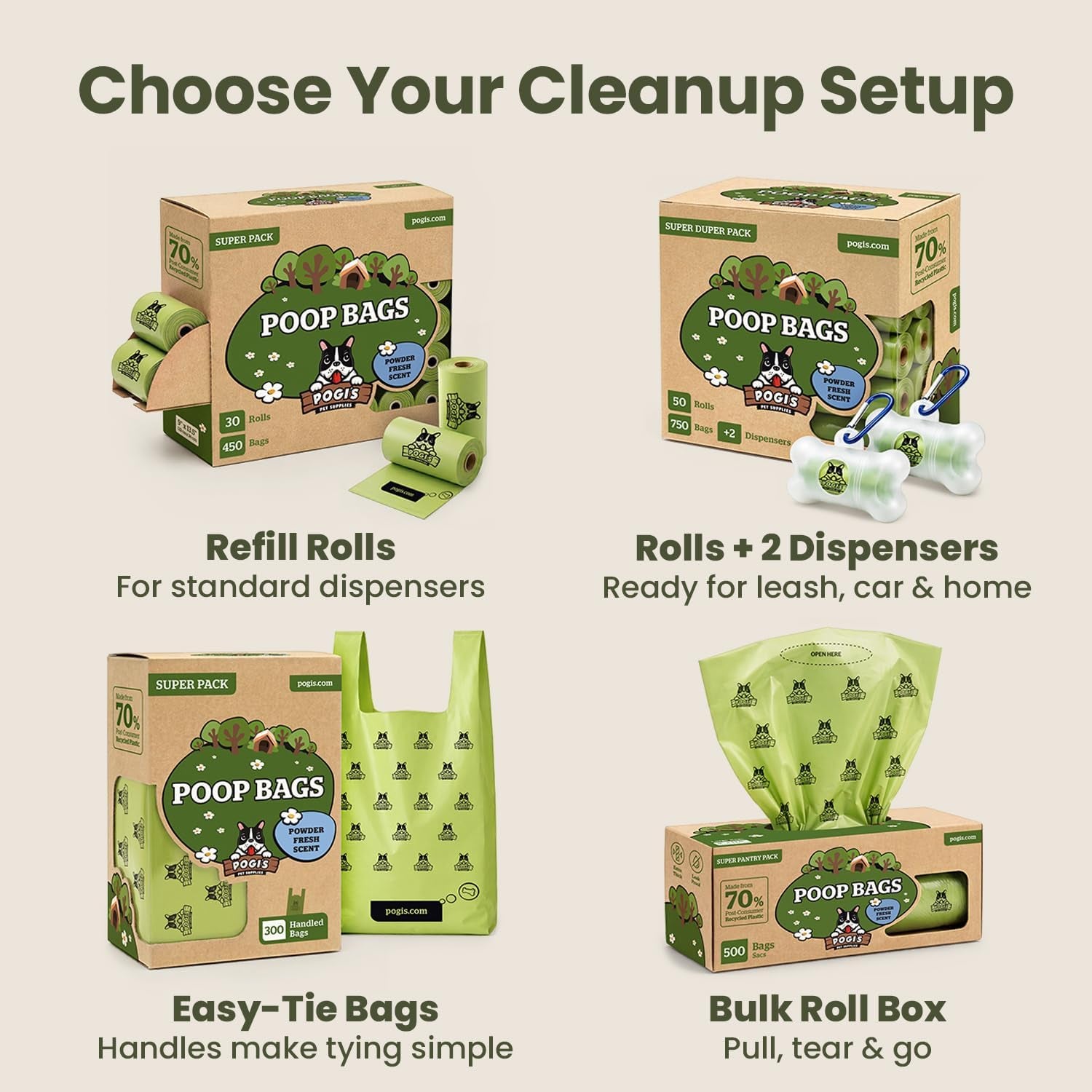 Extra-thick Pawlio™ dog poop bags with handles, 300-count, shown stacked ready for use, durable and easy to tie.