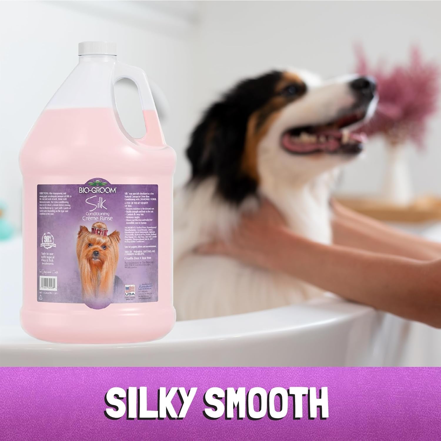 Pawlio™ Silk Creme Rinse dog conditioner bottle, professional detangler with smooth, shiny finish for pets, 1-gallon size